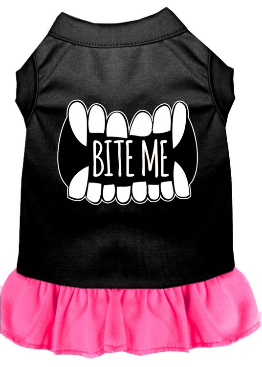 Bite Me Screen Print Dog Dress Black with Bright Pink XS